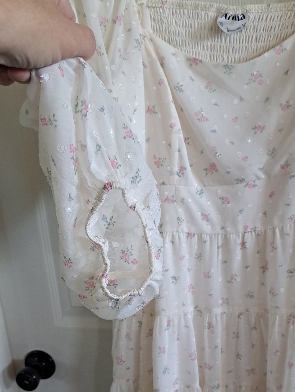 Arula Floral Swiss Dot Floral Smocked Puff Sleeve Tiered Knee Length Flowy Dress - Picture 4 of 11